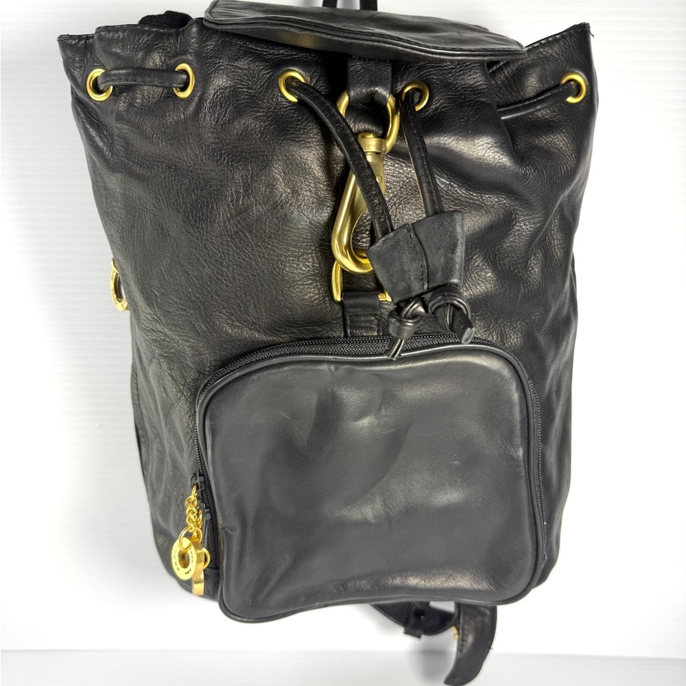 Perlina Black Leather Backpack with Gold Accents